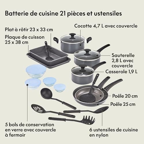 BELLA 21 Ustensiles Cuisine Inox 18/8 Noir