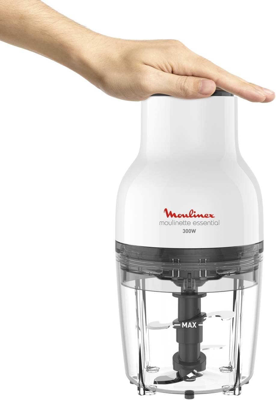Moulinex Hachoir électrique, 400 ml, 300 W, 4 lames, Fonctions 3-en-1, Emince, Hache, Mixe, Système de pression simple, Moulinette Essential DJ520110