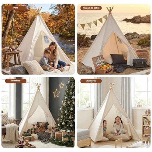 Tipi enfant Wilwolfer coton 4 mâts bois avec guirlande
