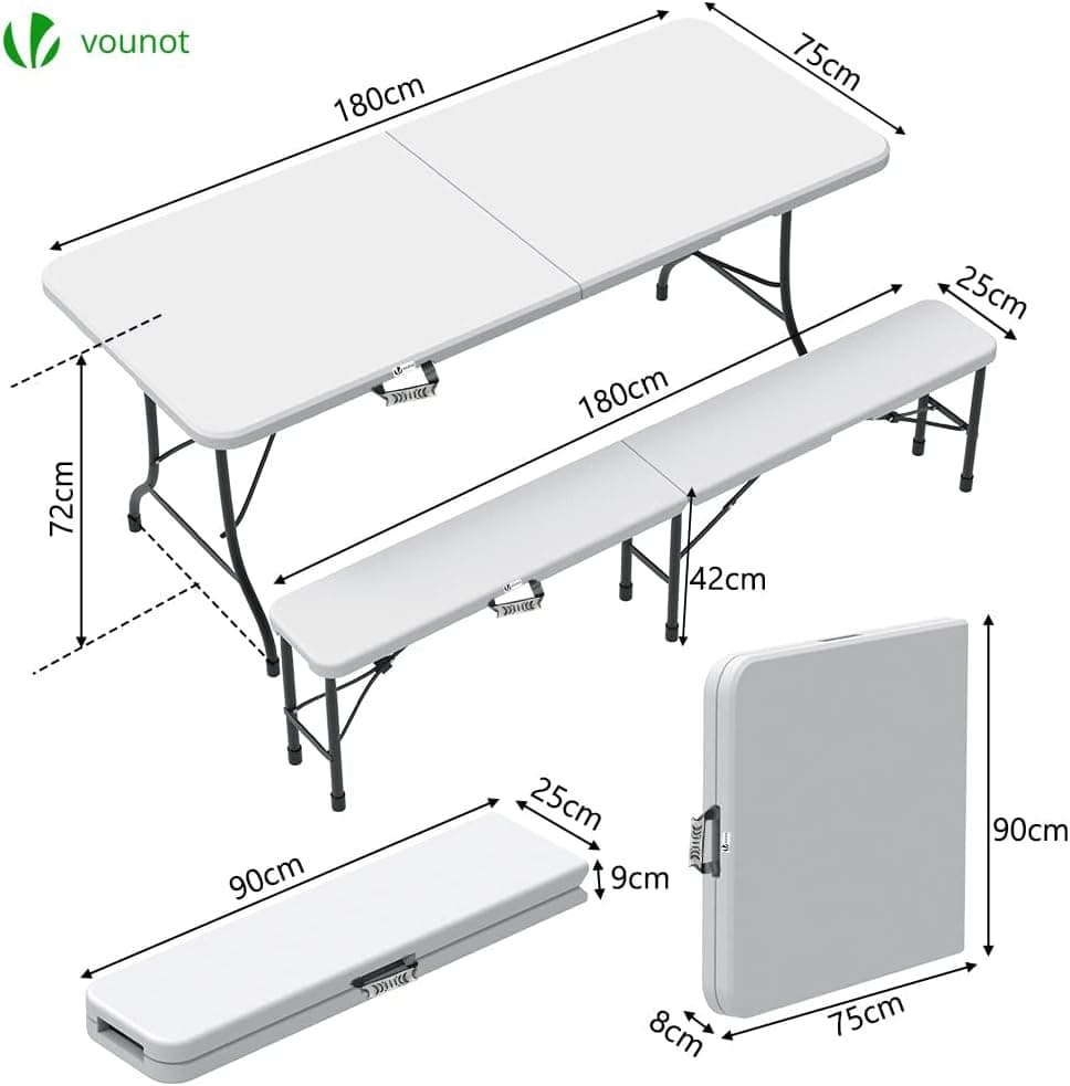 Ensemble Table et Bancs Pliants Vounot 180cm - Blanc