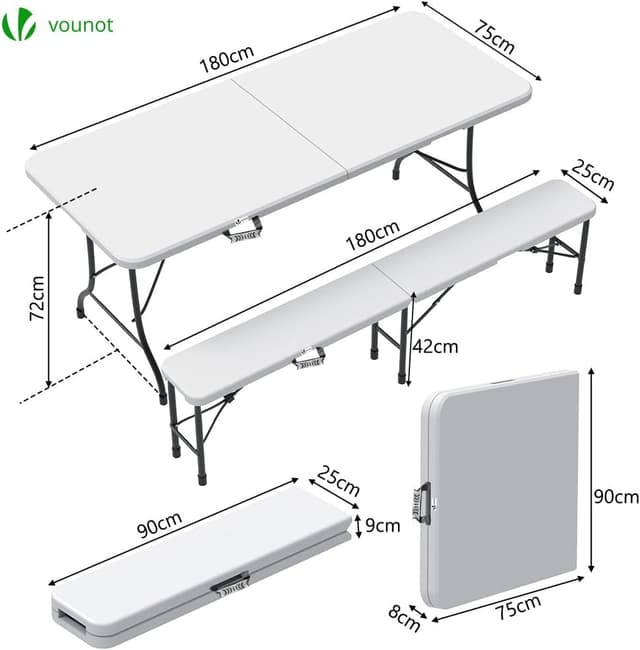Ensemble Table et Bancs Pliants Vounot 180cm - Blanc
