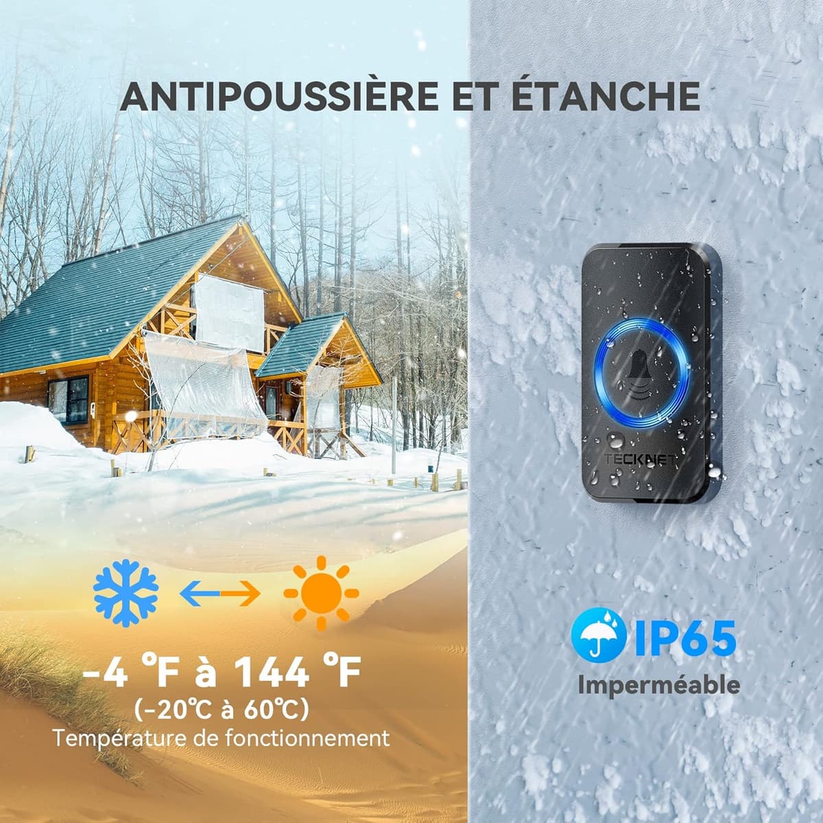 Sonnette sans Fil TECKNET - 400m, IP65, 60 Mélodies