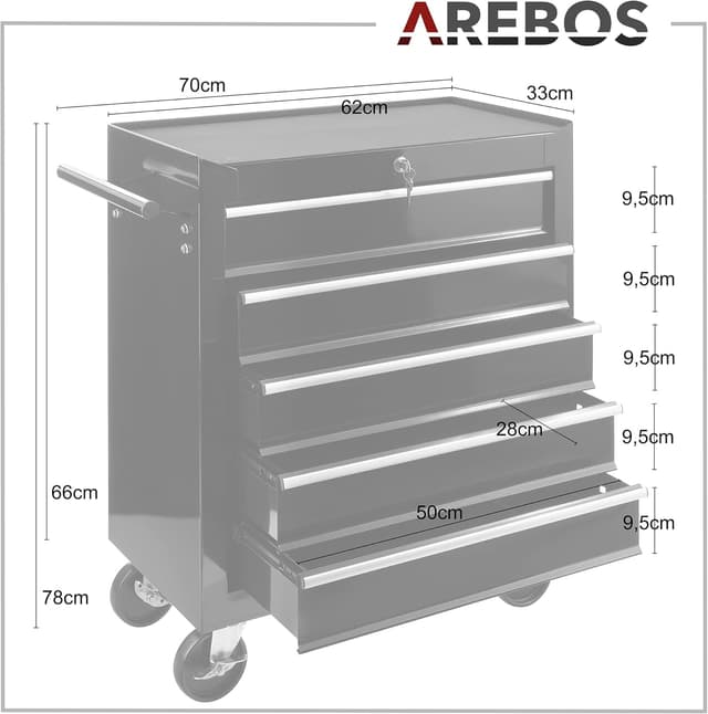 Servante d'Atelier AREBOS - 5 Tiroirs - Rangement Optimal