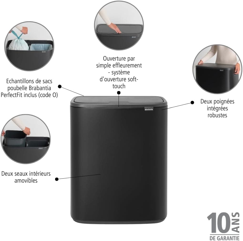 Brabantia Bo Touch Bin - Poubelle 2x30L Noir Mat