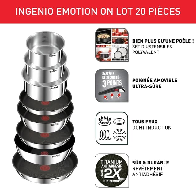 Tefal Ingenio Batterie de cuisine 20 pièces, Poêles, Casseroles, 2 poignées amovibles, Induction, Revêtement antiadhésif, Empilable, Compatible lave-vaisselle, Emotion L897SK04 