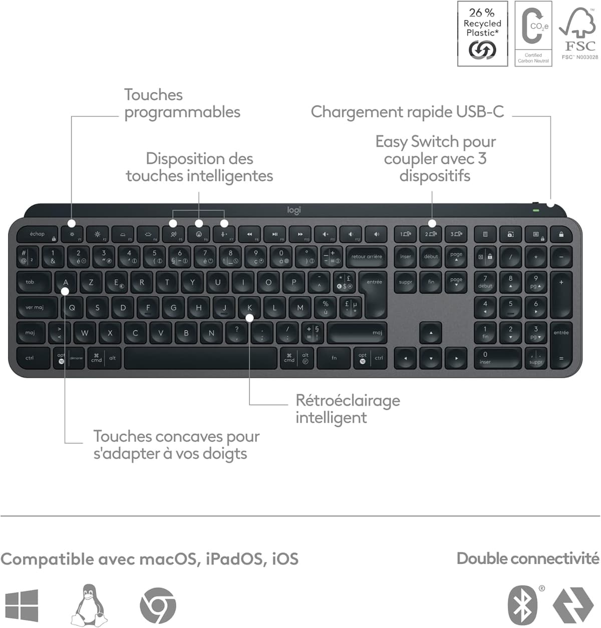 Logitech MX Keys S Plus - Clavier Ergonomique Sans Fil