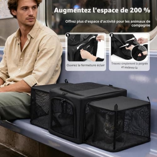 Sac de transport chat Pecute extensible, zone cachée