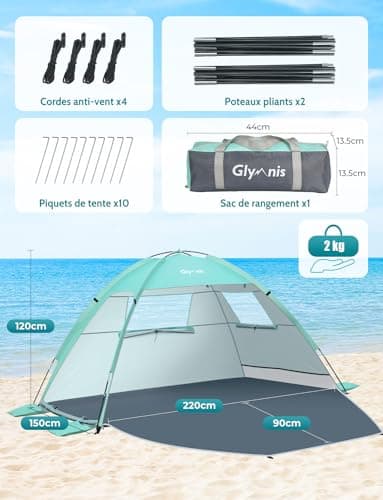 Tente de Plage Glymnis 2-3 Personnes avec Tapis