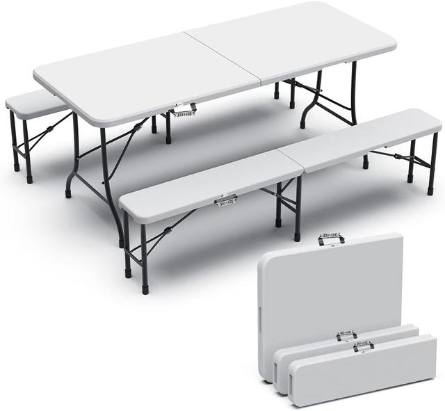 Ensemble Table et Bancs Pliants Vounot 180cm - Blanc