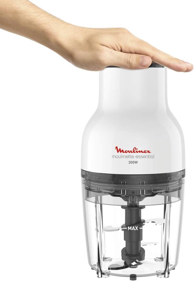Moulinex Hachoir électrique, 400 ml, 300 W, 4 lames, Fonctions 3-en-1, Emince, Hache, Mixe, Système de pression simple, Moulinette Essential DJ520110