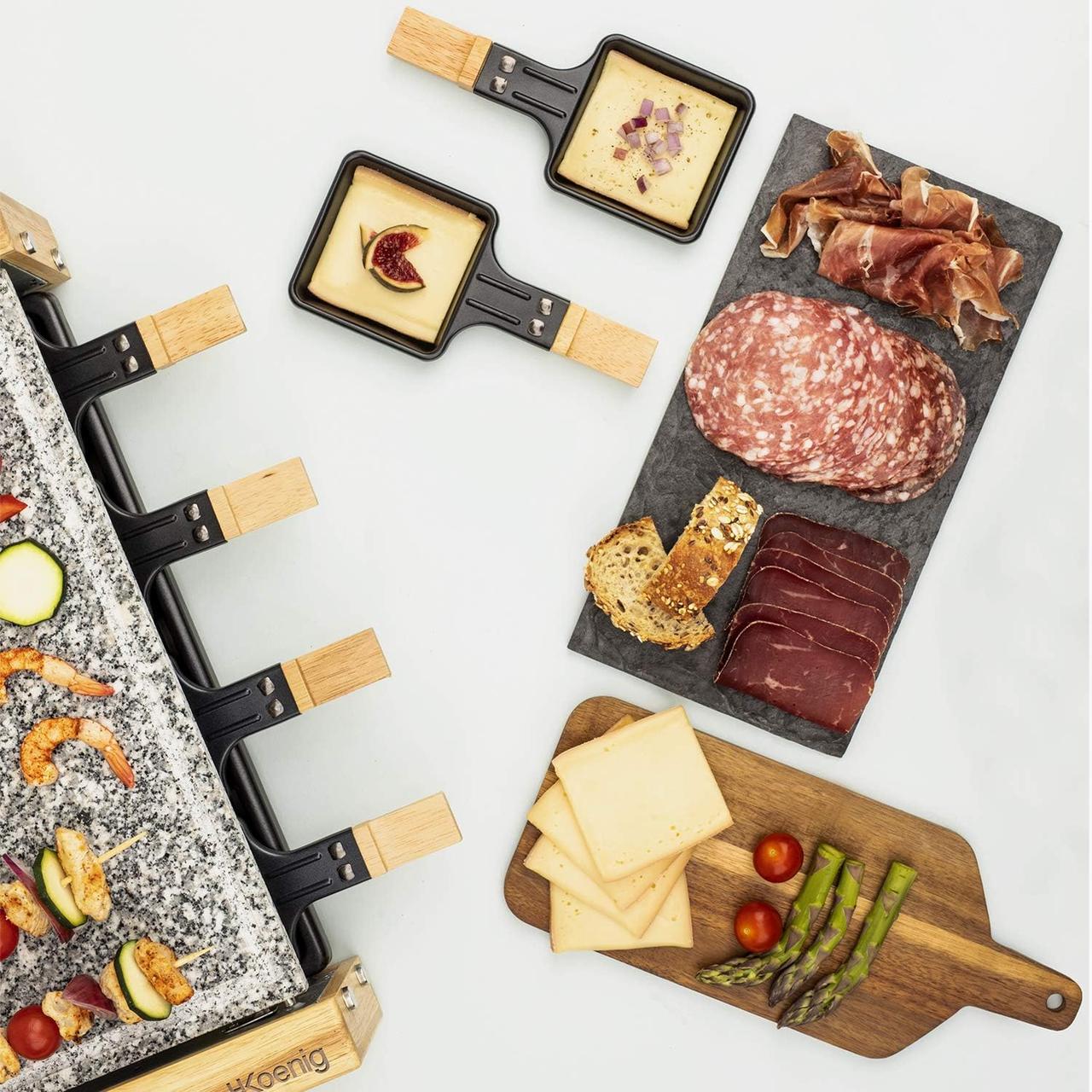 H.Koenig Appareil à raclette Multifonction 8 personnes WOD8 Design en bois naturel, Pierre granit amovible