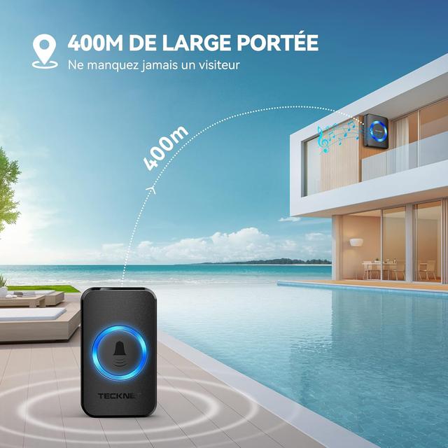 Sonnette sans Fil TECKNET - 400m, IP65, 60 Mélodies