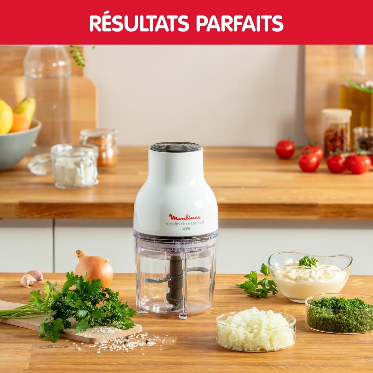 Moulinex Hachoir électrique, 400 ml, 300 W, 4 lames, Fonctions 3-en-1, Emince, Hache, Mixe, Système de pression simple, Moulinette Essential DJ520110