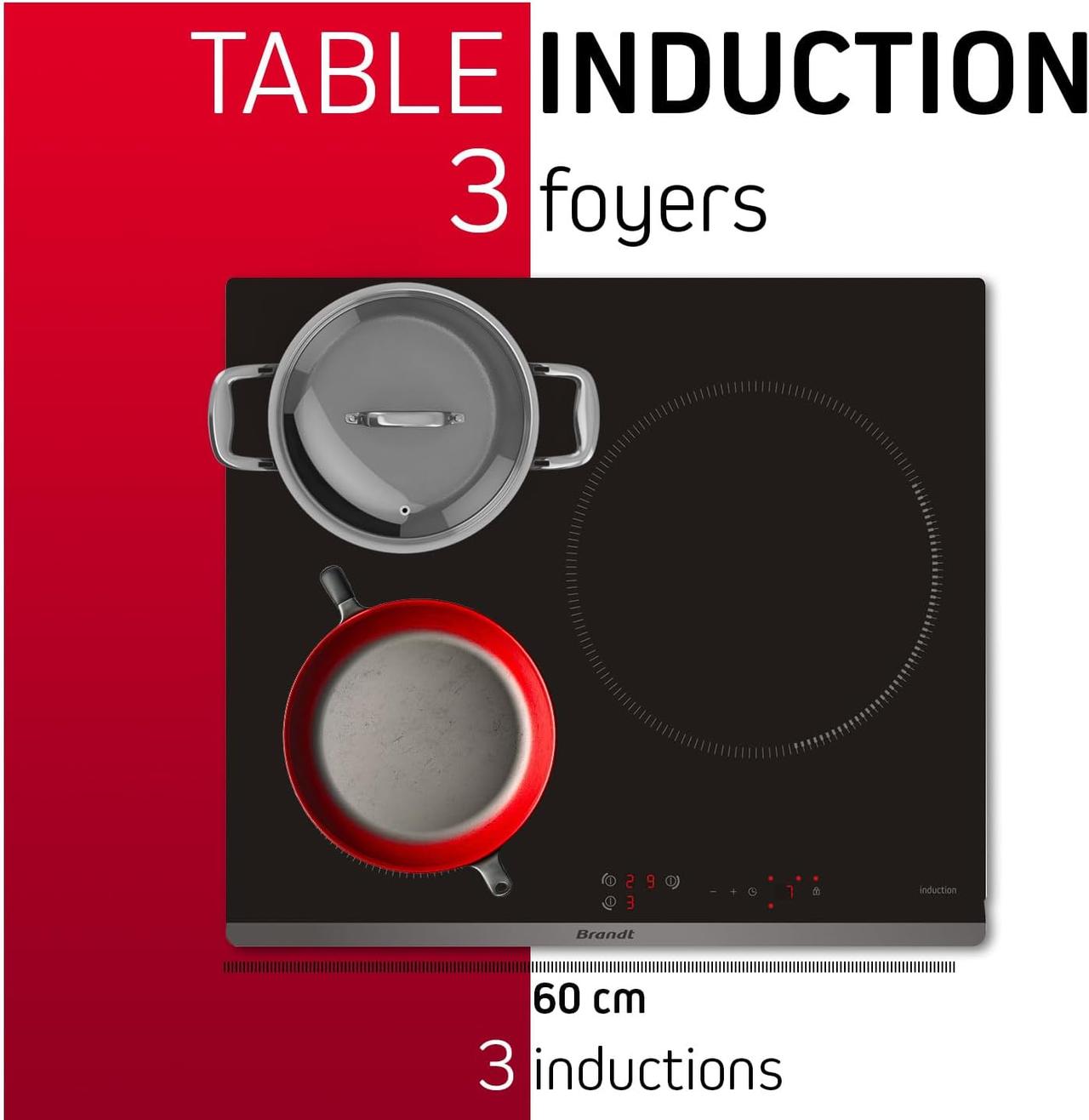 Brandt - BPI6315B - Plaque Induction - Table de Cuisson Encastrable - Noir - 3 Foyers - 7200W