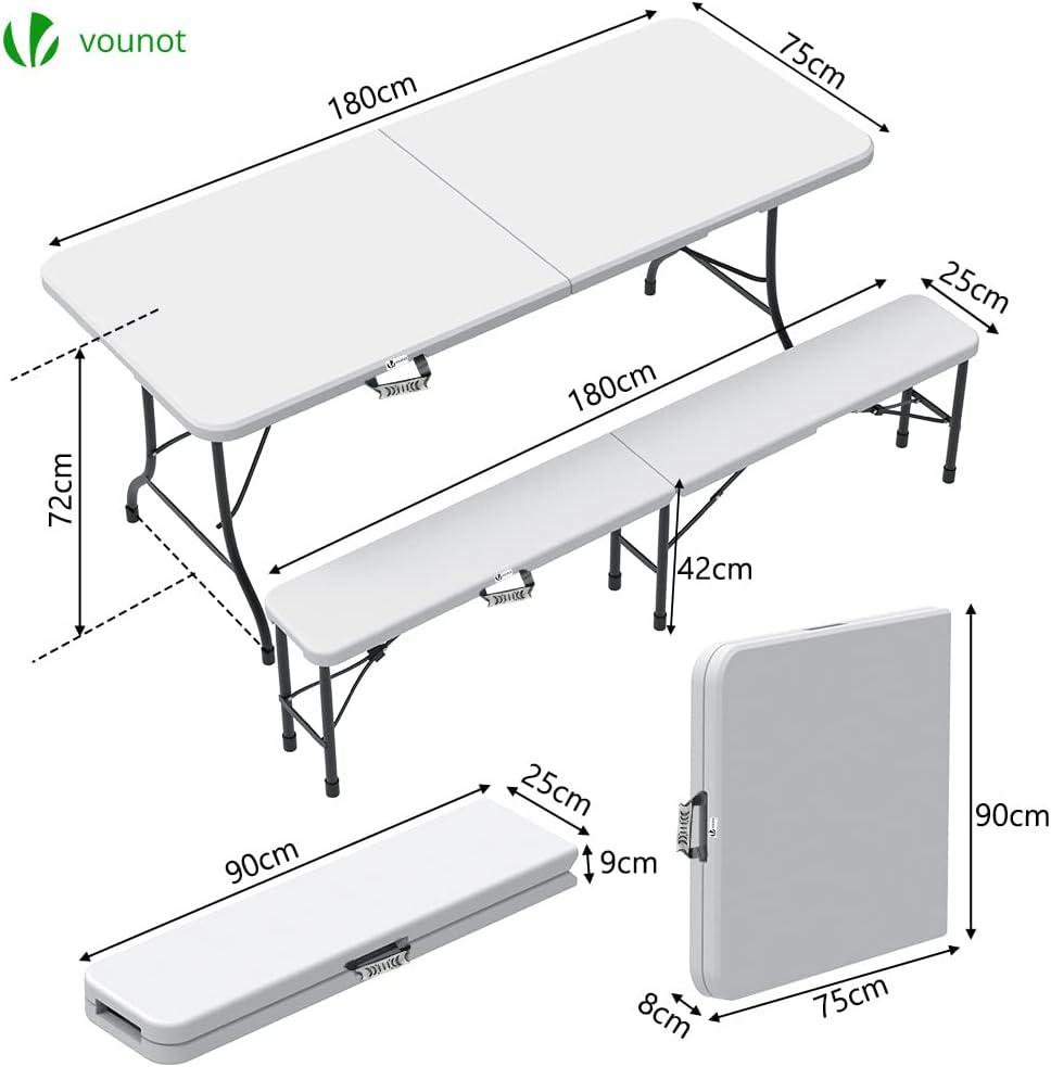 Ensemble Table et Bancs Pliants Vounot 180cm - Blanc