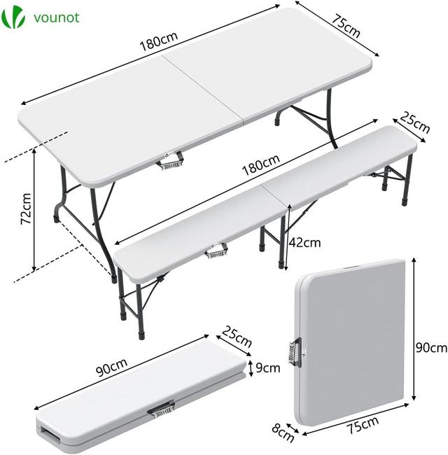 Ensemble Table et Bancs Pliants Vounot 180cm - Blanc