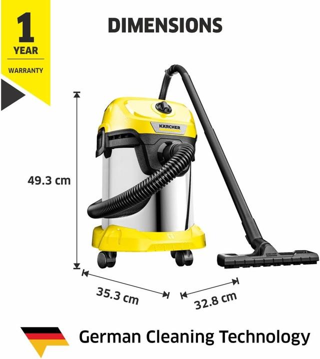 Aspirateur Kärcher WD 3 S - 17L, 1000W, Acier Inox