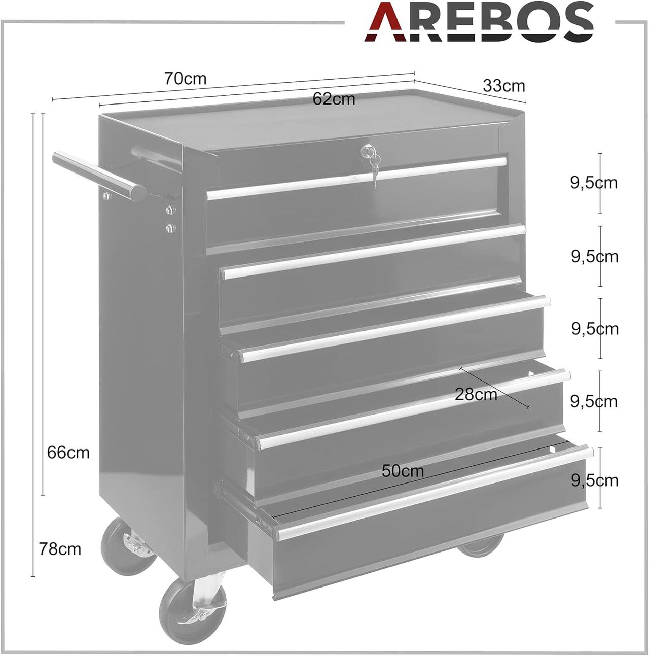 Servante d'Atelier AREBOS - 5 Tiroirs - Rangement Optimal