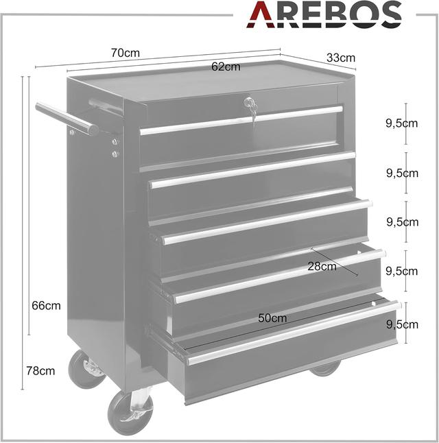 Servante d'Atelier AREBOS - 5 Tiroirs - Rangement Optimal