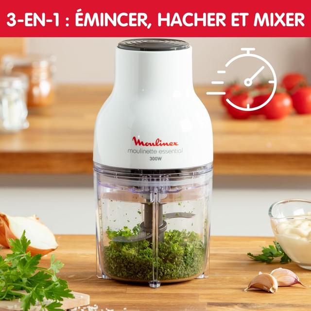 Moulinex Hachoir électrique, 400 ml, 300 W, 4 lames, Fonctions 3-en-1, Emince, Hache, Mixe, Système de pression simple, Moulinette Essential DJ520110