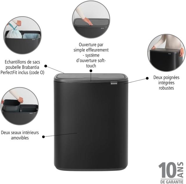 Brabantia Bo Touch Bin - Poubelle 2x30L Noir Mat