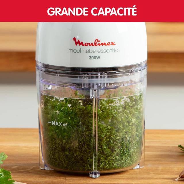 Moulinex Hachoir électrique, 400 ml, 300 W, 4 lames, Fonctions 3-en-1, Emince, Hache, Mixe, Système de pression simple, Moulinette Essential DJ520110