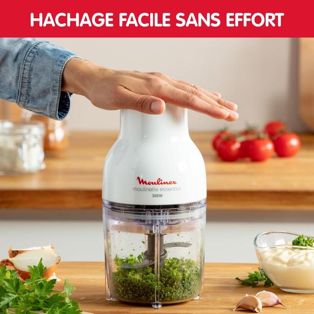 Moulinex Hachoir électrique, 400 ml, 300 W, 4 lames, Fonctions 3-en-1, Emince, Hache, Mixe, Système de pression simple, Moulinette Essential DJ520110