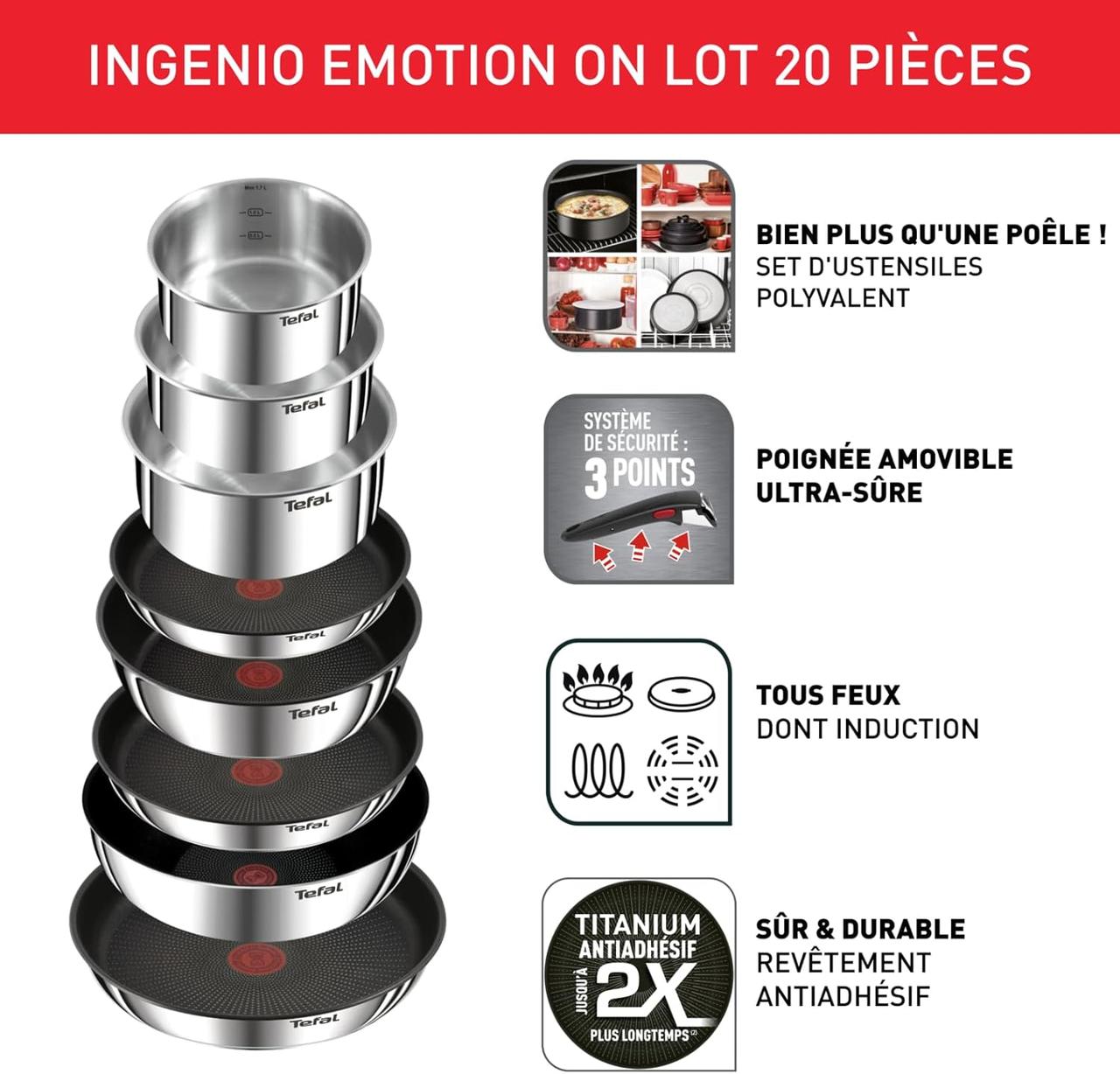 Tefal Ingenio Batterie de cuisine 20 pièces, Poêles, Casseroles, 2 poignées amovibles, Induction, Revêtement antiadhésif, Empilable, Compatible lave-vaisselle, Emotion L897SK04